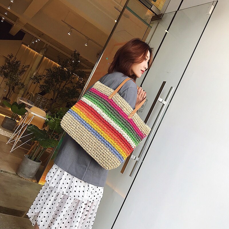 Fashion Lady Handbag Beach Rainbow Color Lady Handbag Shoulder Korean Version Of The Trend Beach Straw Bag - ebowsos