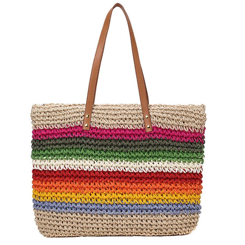 Fashion Lady Handbag Beach Rainbow Color Lady Handbag Shoulder Korean Version Of The Trend Beach Straw Bag - ebowsos