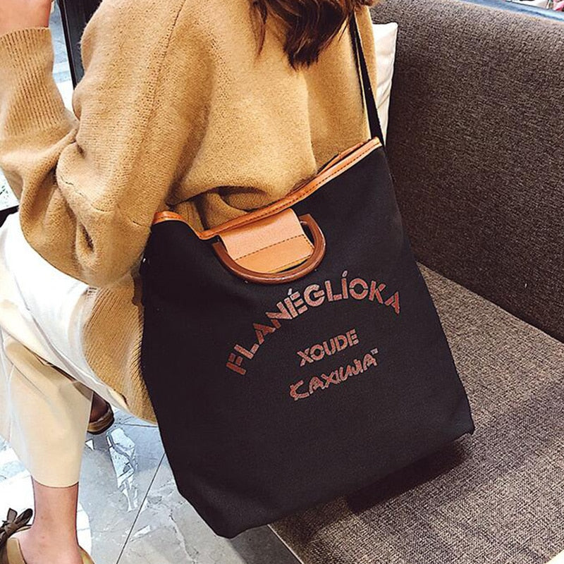 Fashion Letter Canvas Tote Bag Large Capacity Hand Lettered Shoulder Strap Shoulder Crossbody Bag - ebowsos