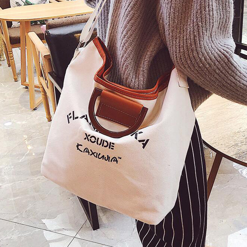 Fashion Letter Canvas Tote Bag Large Capacity Hand Lettered Shoulder Strap Shoulder Crossbody Bag - ebowsos