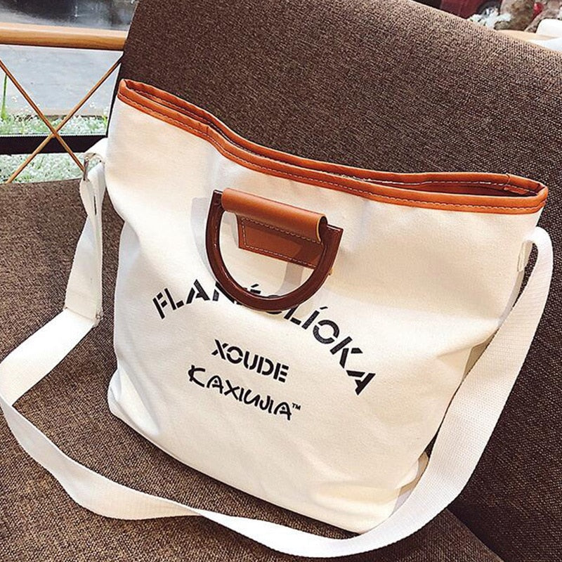 Fashion Letter Canvas Tote Bag Large Capacity Hand Lettered Shoulder Strap Shoulder Crossbody Bag - ebowsos