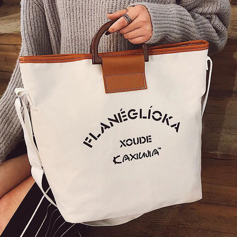 Fashion Letter Canvas Tote Bag Large Capacity Hand Lettered Shoulder Strap Shoulder Crossbody Bag - ebowsos