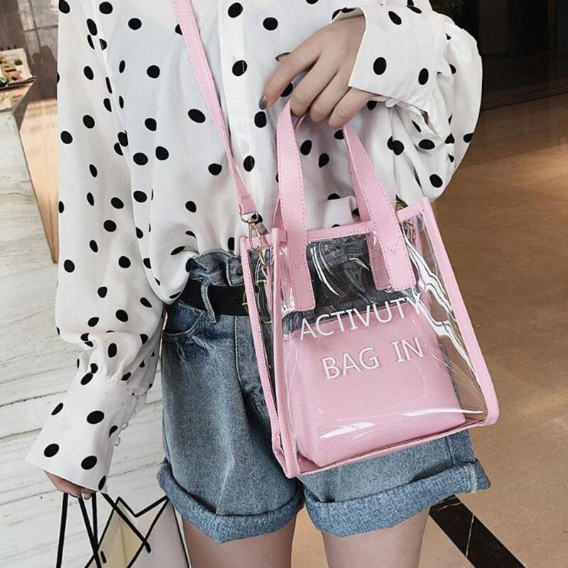 Fashion Letter Tote Shoulder Bag Lady Messenger Bag Messenger Bag Tote Transparent Transparent Jelly Beach Summer - ebowsos