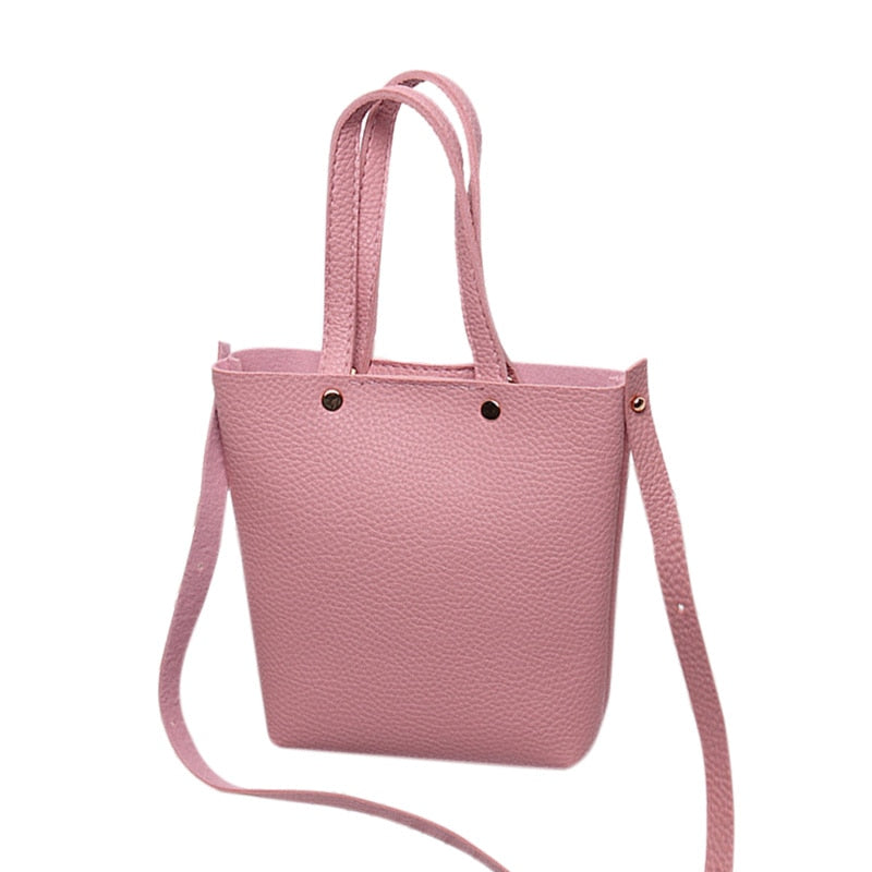 Fashion Litchi Grain PU Leather Small Women Bucket Handbag Female Mobile Shoulder Messenger Bag(Pink) - ebowsos