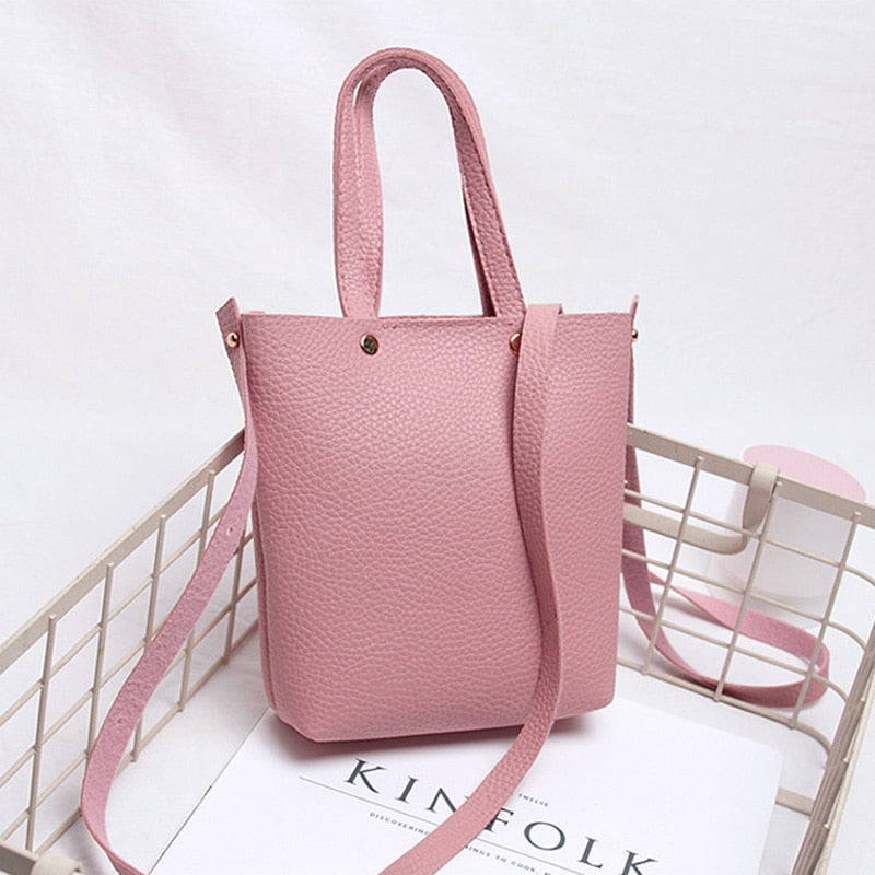 Fashion Litchi Grain PU Leather Small Women Bucket Handbag Female Mobile Shoulder Messenger Bag(Pink) - ebowsos