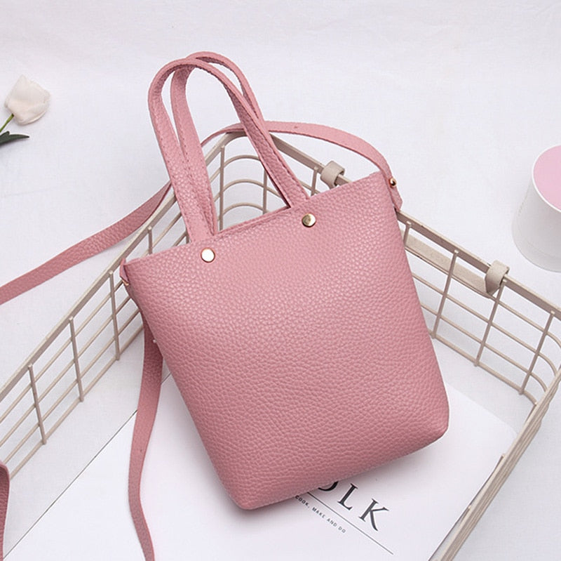 Fashion Litchi Grain PU Leather Small Women Bucket Handbag Female Mobile Shoulder Messenger Bag(Pink) - ebowsos