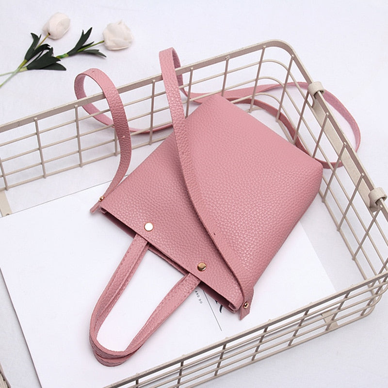 Fashion Litchi Grain PU Leather Small Women Bucket Handbag Female Mobile Shoulder Messenger Bag(Pink) - ebowsos