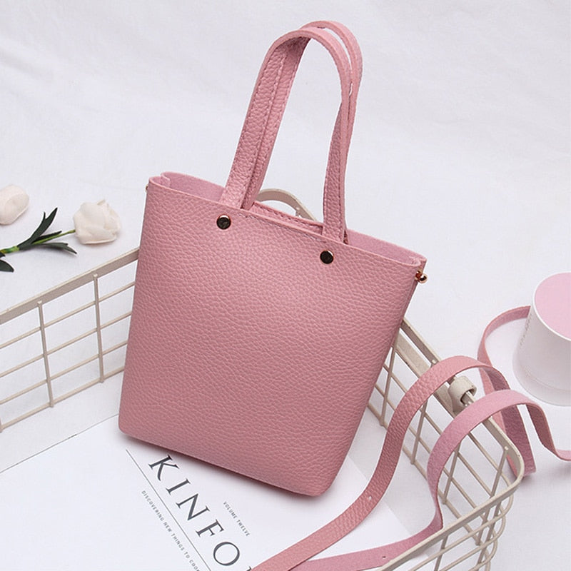 Fashion Litchi Grain PU Leather Small Women Bucket Handbag Female Mobile Shoulder Messenger Bag(Pink) - ebowsos