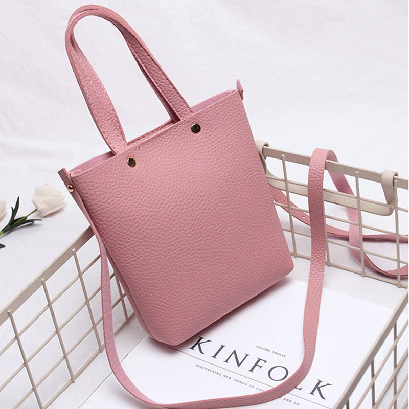 Fashion Litchi Grain PU Leather Small Women Bucket Handbag Female Mobile Shoulder Messenger Bag(Pink) - ebowsos