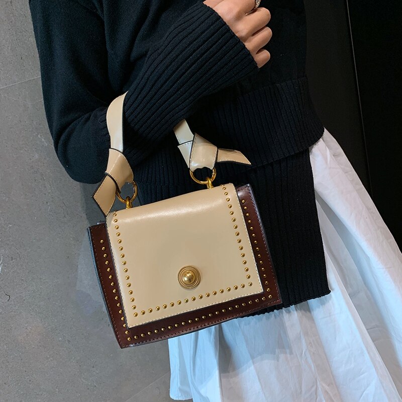 Fashion Portable Small Bag Female New Spring Female Bag Korean Version Of The Retro Rivet Small Square Bag Oblique - ebowsos