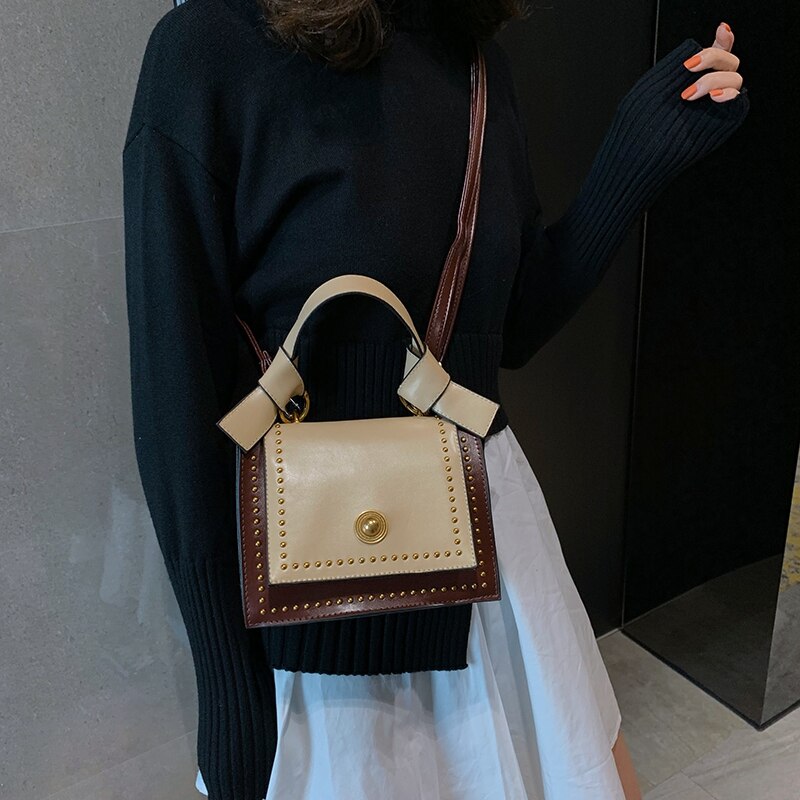 Fashion Portable Small Bag Female New Spring Female Bag Korean Version Of The Retro Rivet Small Square Bag Oblique - ebowsos