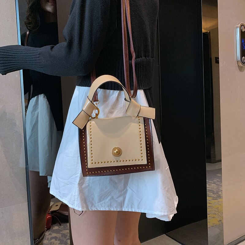 Fashion Portable Small Bag Female New Spring Female Bag Korean Version Of The Retro Rivet Small Square Bag Oblique - ebowsos