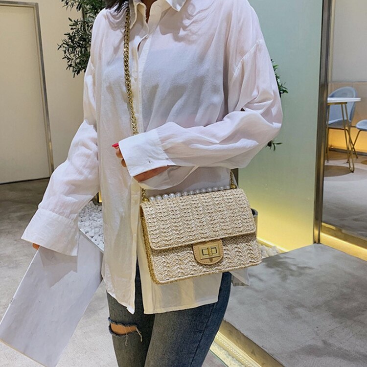 Fashion Rattan Bag Leather Hardware Buckle Straw Bags Portable Bamboo Woven Bag Beach Holiday Bag - ebowsos