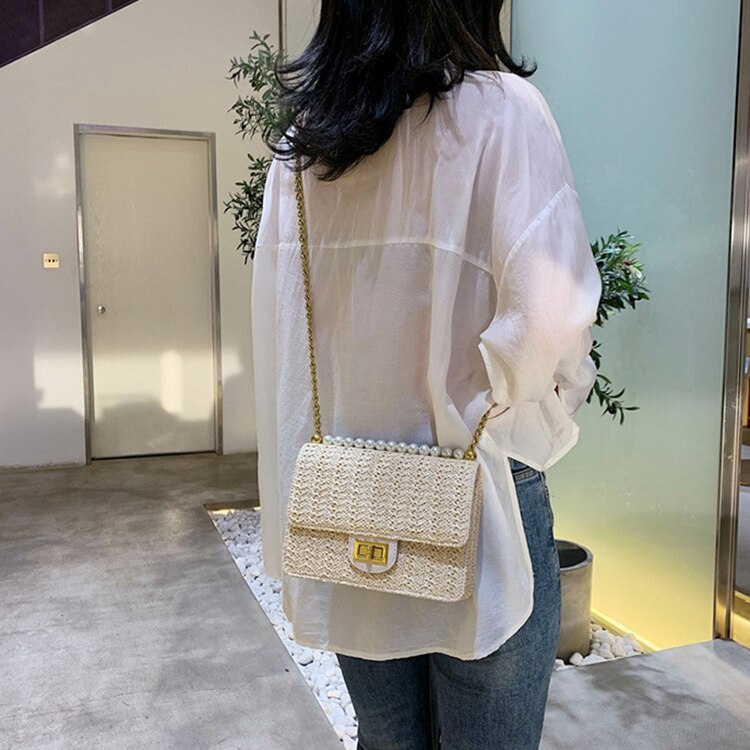 Fashion Rattan Bag Leather Hardware Buckle Straw Bags Portable Bamboo Woven Bag Beach Holiday Bag - ebowsos