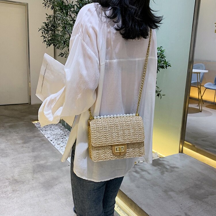 Fashion Rattan Bag Leather Hardware Buckle Straw Bags Portable Bamboo Woven Bag Beach Holiday Bag - ebowsos