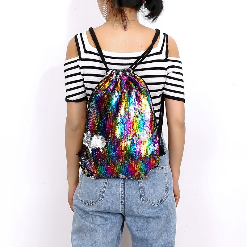 Fashion Reversible Sequin Drawstring Bag Cinch Sack Backpack String Back Pack Gym Tote Bag Rucksack - ebowsos