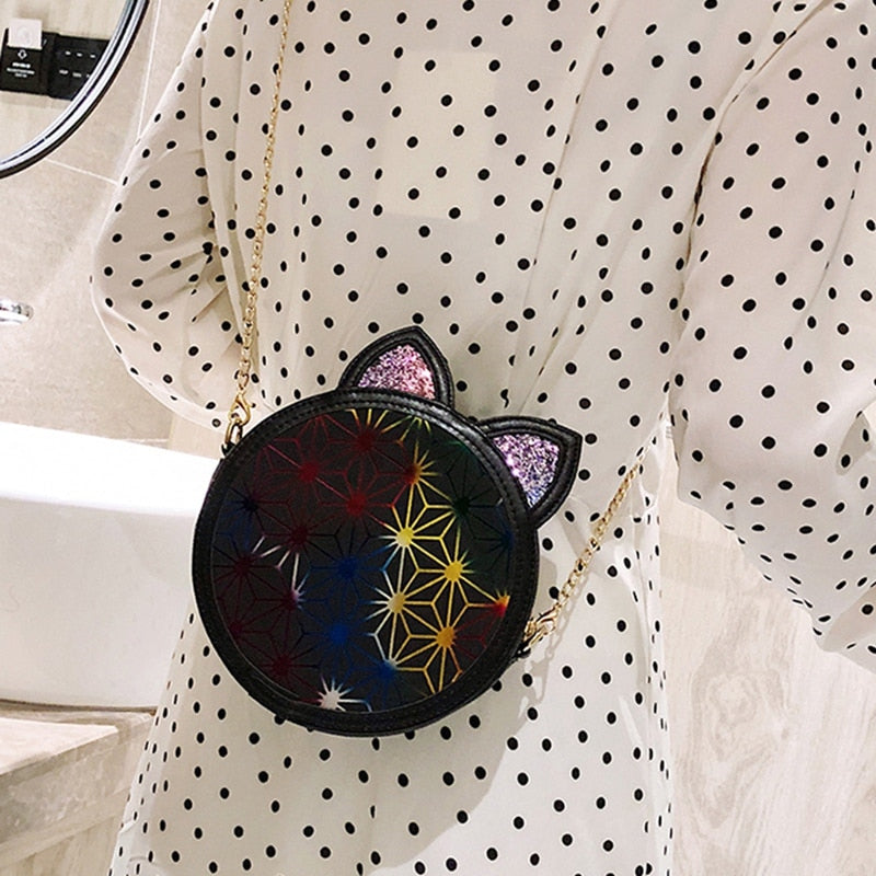 Fashion Round Bag Cute Cat Ears Women Bags Pu Leather Sequin Bling Glitter Shoulder Beach Pack Crossbody Handbag - ebowsos