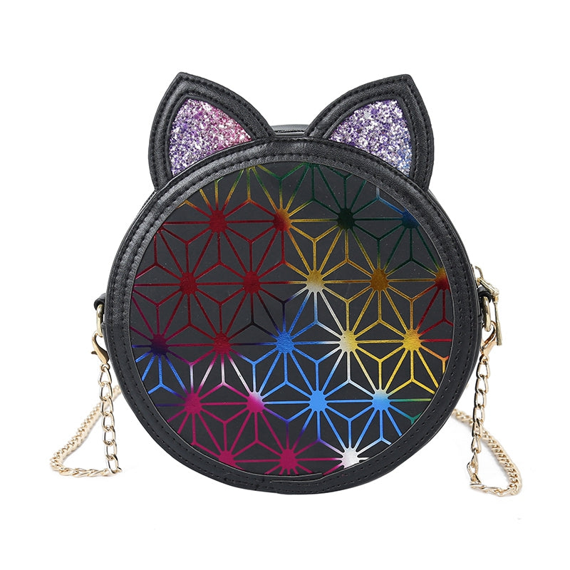 Fashion Round Bag Cute Cat Ears Women Bags Pu Leather Sequin Bling Glitter Shoulder Beach Pack Crossbody Handbag - ebowsos