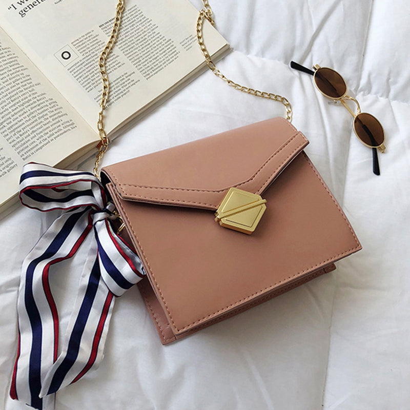 Fashion Simplicity Small Square Crossbody Bag Women Silk Bow Ladies Pu Leather Little Bags Chain Shoulder Messenger Bag - ebowsos