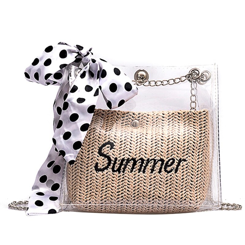 Fashion Straw Bucket Silk Scarf Chain Messenger Bag Summer Transparent Bag Shoulder Bag - ebowsos