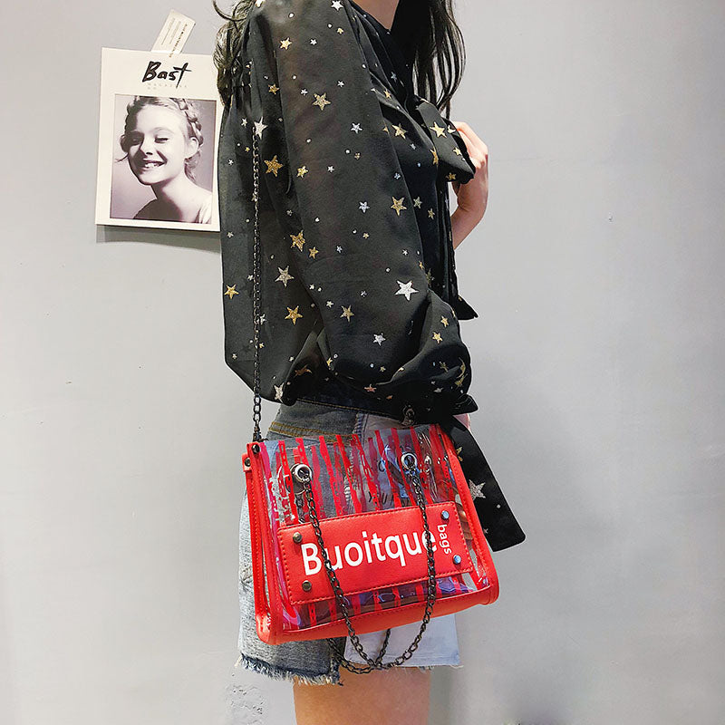 Fashion Stripes Plastic Transparent Handbag Chain Shoulder Bag Woman Large Capacity Bag Composite Bag Women's Bags - ebowsos