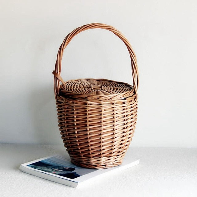 Fashion Summer New Women Beach Basket Straw Hand Bag Cover Handbag Wicker Handmade Small Women Bohemia Tote Travel Clutch - ebowsos