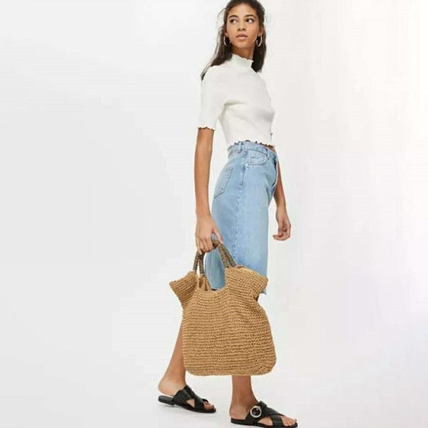 Fashion Summer Round Straw Bag Beach Rattan Women Handbag Totes Ladies Knitted Messenger Beach Bags Female Bag Shopper Pu - ebowsos