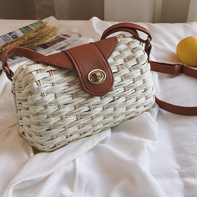 Fashion Trend Lock Woven Bag Bucket Type Straw Handbags Shoulder Diagonal Package - ebowsos