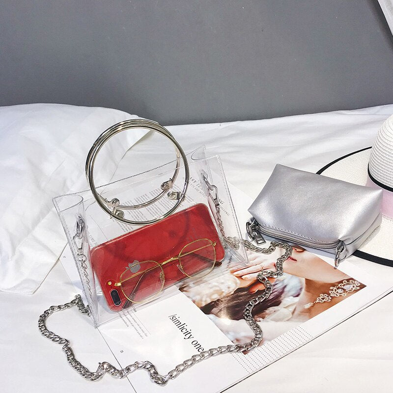 Fashion Women Bag Set Transparent Shoulder Bag+Clutch For Teenage Girls Fashion Jelly Crossbody Bag Circle Handle Tote - ebowsos