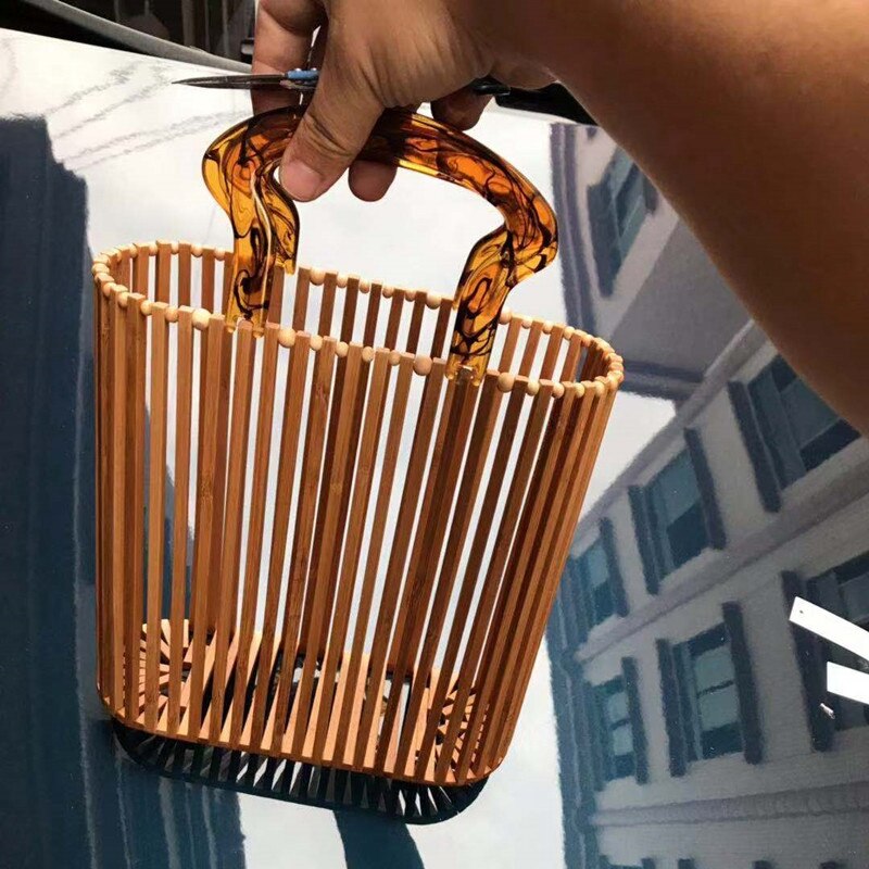 Fashion Women Bags Designer Acrylic Handle Woven Bag Bamboo Bag Stitching Hollow Bag Clutch Bali Beach Holiday Handbag - ebowsos