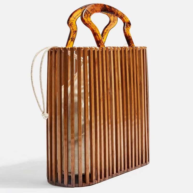 Fashion Women Bags Designer Acrylic Handle Woven Bag Bamboo Bag Stitching Hollow Bag Clutch Bali Beach Holiday Handbag - ebowsos