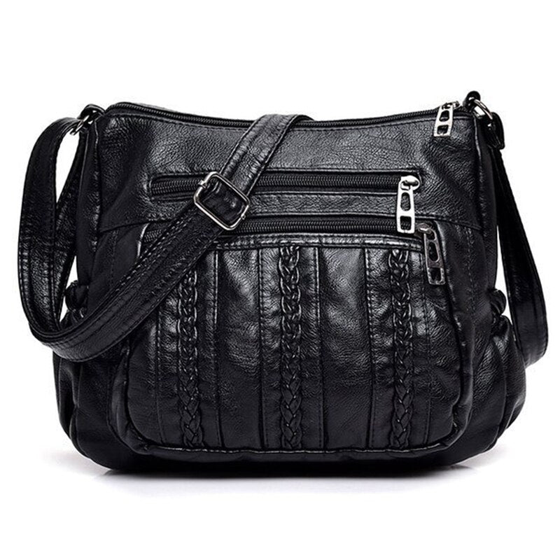 Fashion Women Crossbody Bag Black Soft Washed Leather Shoulder Bag Patchwork Messenger Bag Small Flap Bag For Girls Black - ebowsos