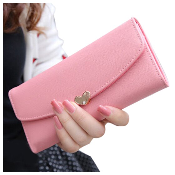 Fashion Women Heart Shaped buckle Leather Clutch Bag Long Wallet Purse - ebowsos