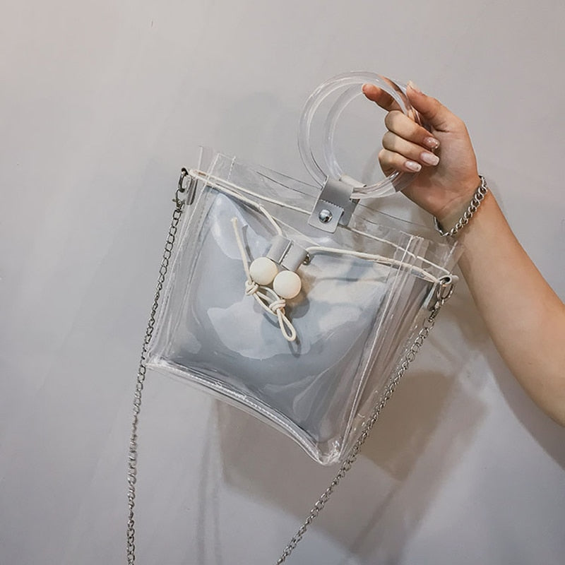 Fashion Women Mini Small Shoulder Bag Clear Transparent Drawstring Girls Cute Composite Bag Female Handbags - ebowsos