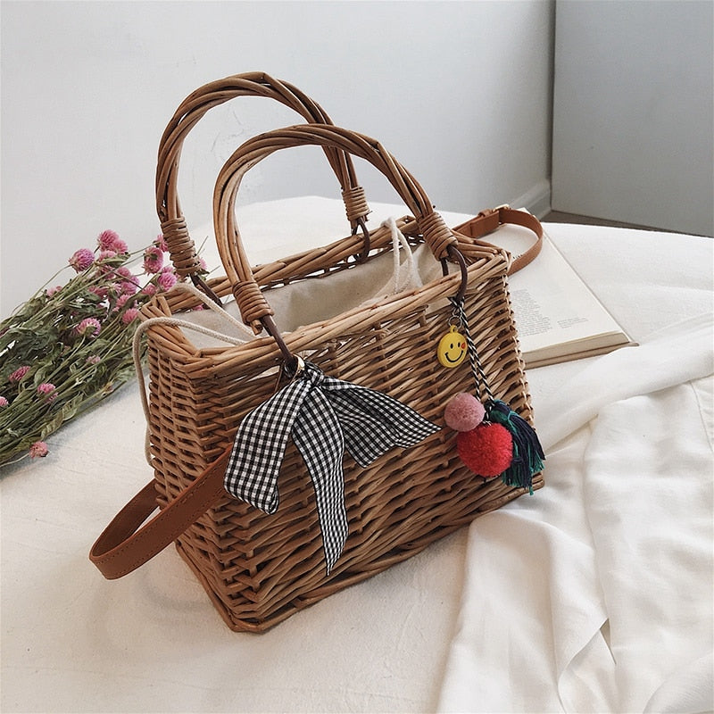 Fashion Women'S Bag Bow Woven Tassel Handbag Bamboo Series Youth Shoulder Diagonal Cross Bag Temperament Handbag Basket - ebowsos