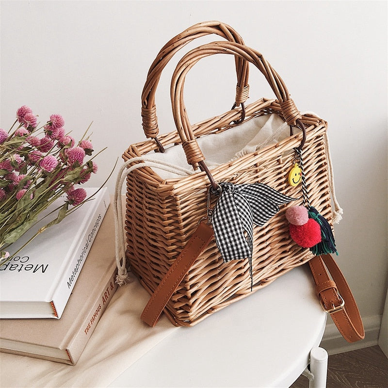 Fashion Women'S Bag Bow Woven Tassel Handbag Bamboo Series Youth Shoulder Diagonal Cross Bag Temperament Handbag Basket - ebowsos