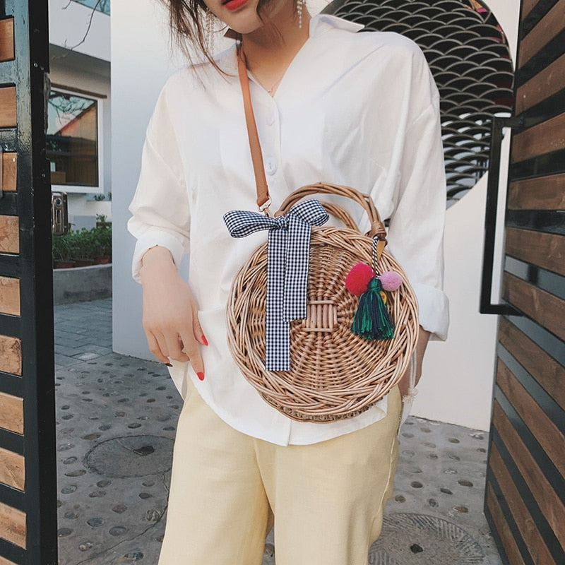 Fashion Women'S Bag Bow Woven Tassel Handbag Bamboo Series Youth Shoulder Diagonal Cross Bag Temperament Handbag Round - ebowsos