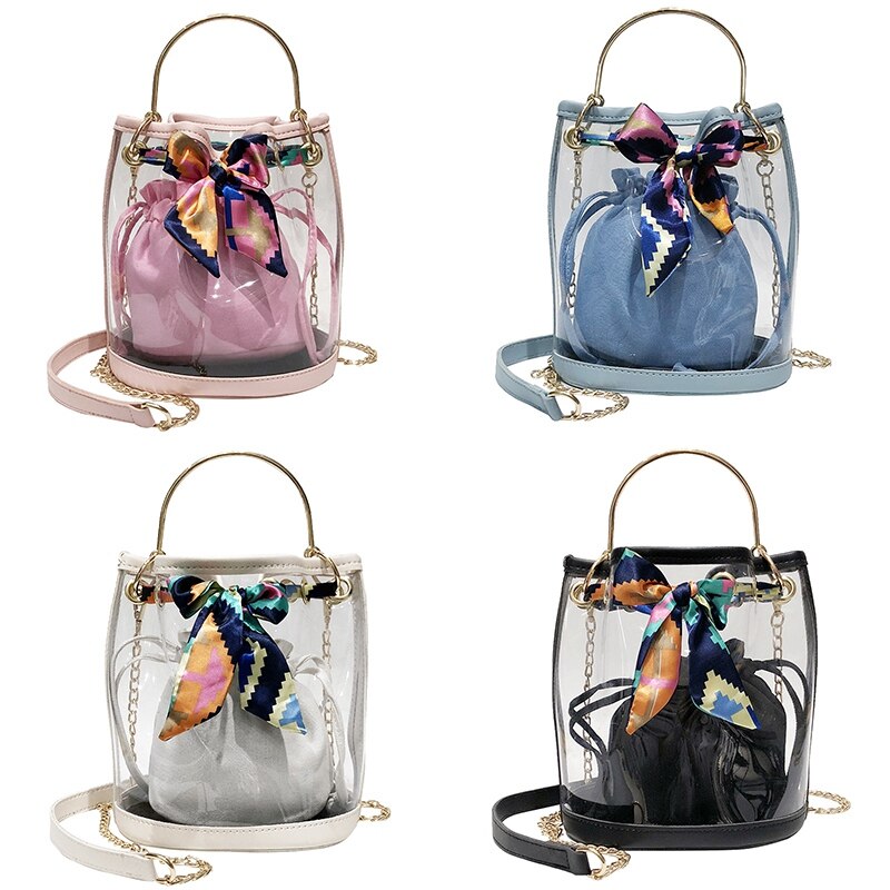 Fashion Women'S Handbags Transparent Jelly Bag Silk Scarf Strap Bucket Mother Bag Chain Handbags Beach Bag - ebowsos