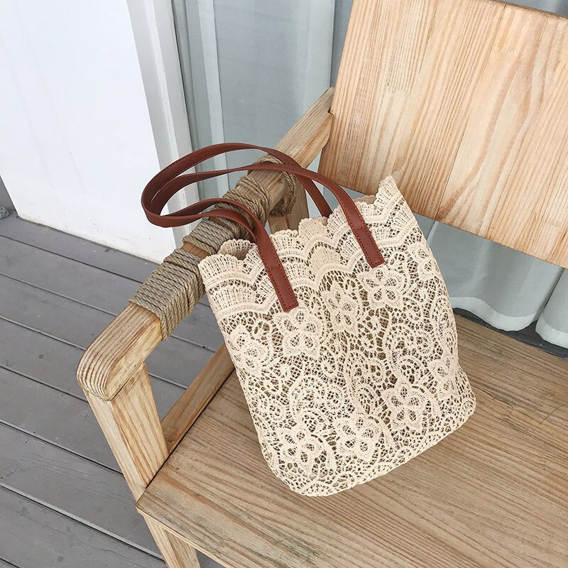 Fashion Women Shoulder Bag Big Lace Female Handbag Lady Floral Tote Luxury Women Shopping Bag Ladies Totes(Champagne) - ebowsos