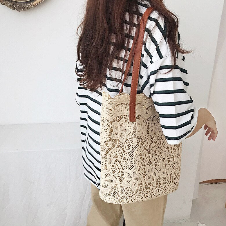 Fashion Women Shoulder Bag Big Lace Female Handbag Lady Floral Tote Luxury Women Shopping Bag Ladies Totes(Champagne) - ebowsos