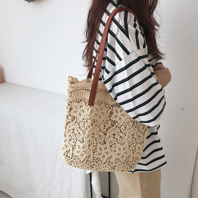 Fashion Women Shoulder Bag Big Lace Female Handbag Lady Floral Tote Luxury Women Shopping Bag Ladies Totes(Champagne) - ebowsos