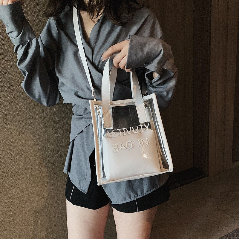 Fashion Women Transparent Bag Clear Pvc Small Tote Messenger Bags Holographic Shoulder Bag Female Lady Handbag Girls Satc - ebowsos