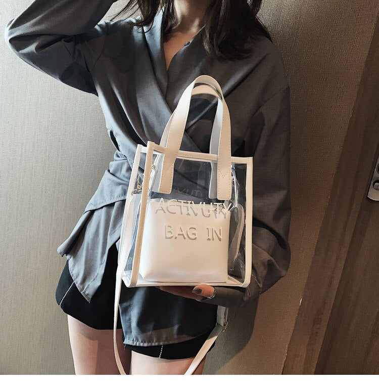 Fashion Women Transparent Bag Clear Pvc Small Tote Messenger Bags Holographic Shoulder Bag Female Lady Handbag Girls Satc - ebowsos