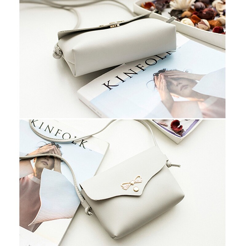 Fashion Women's One Shoulder Bags Bowknot Hardware Decoration PU Mini Crossbody Phone Bag Light Gray - ebowsos