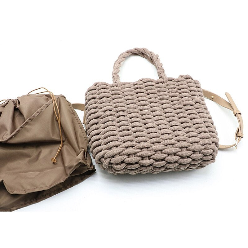 Fashion Woven Tote Bag Rope Braided Lining Bag Mesh Beach Portable Messenger Bag - ebowsos