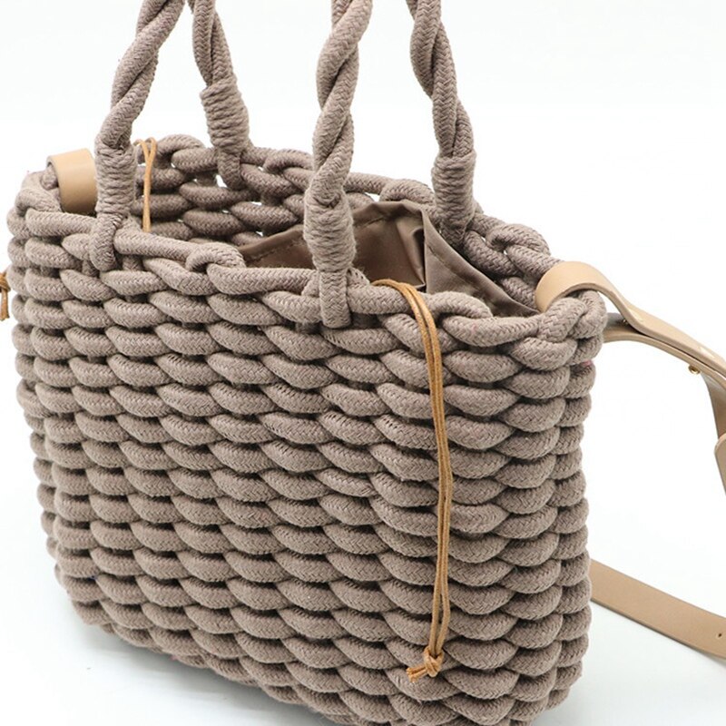 Fashion Woven Tote Bag Rope Braided Lining Bag Mesh Beach Portable Messenger Bag - ebowsos