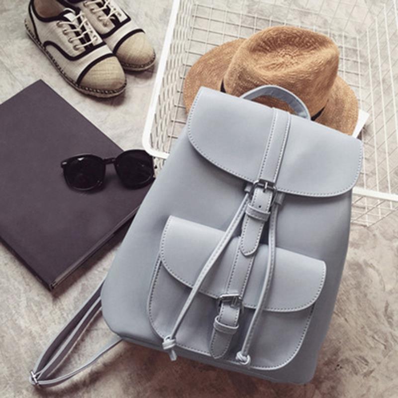 Fashionable Women's Pull-Rope Pu Leather Backpack Belt Decoration Schoolbag Student Shoulder Bag(Light Grey) - ebowsos
