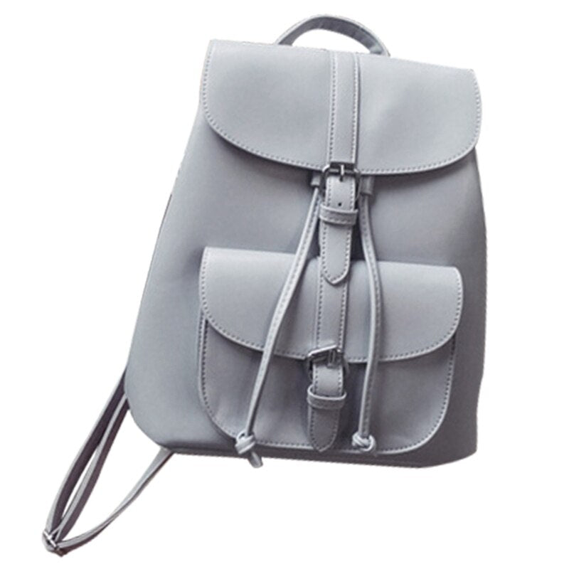Fashionable Women's Pull-Rope Pu Leather Backpack Belt Decoration Schoolbag Student Shoulder Bag(Light Grey) - ebowsos