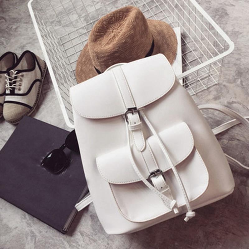 Fashionable Women's Pull-Rope Pu Leather Backpack Belt Decoration Schoolbag Student Shoulder Bag(White) - ebowsos