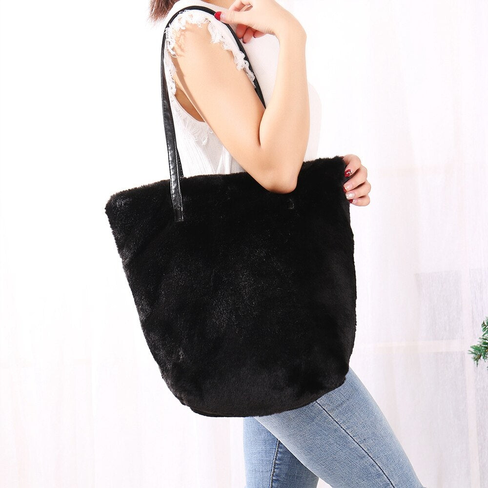 Faux Fur Furry Sling Shoulder Handbag Bag Plush Fashion Top-Handle Hand Purses Bags Causal Tote Ladies Handbags Women Bag - ebowsos